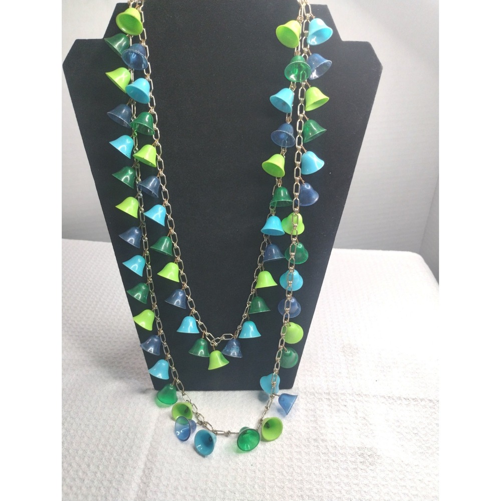 Vintage‎ Style Blue Green Plastic Bell Charm Long Chain Necklace Retro Kitsch